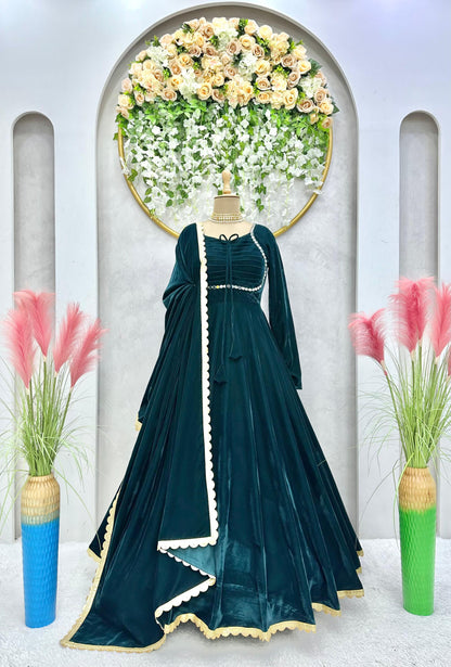 Fancy Neck Pattern Velvet Teal Blue Long Anarkali Gown