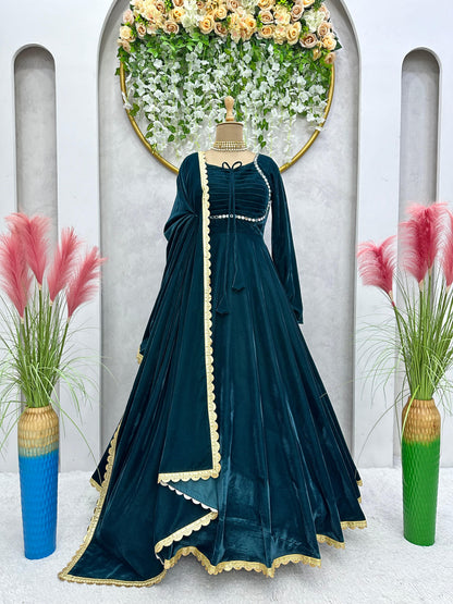 Fancy Neck Pattern Velvet Teal Blue Long Anarkali Gown