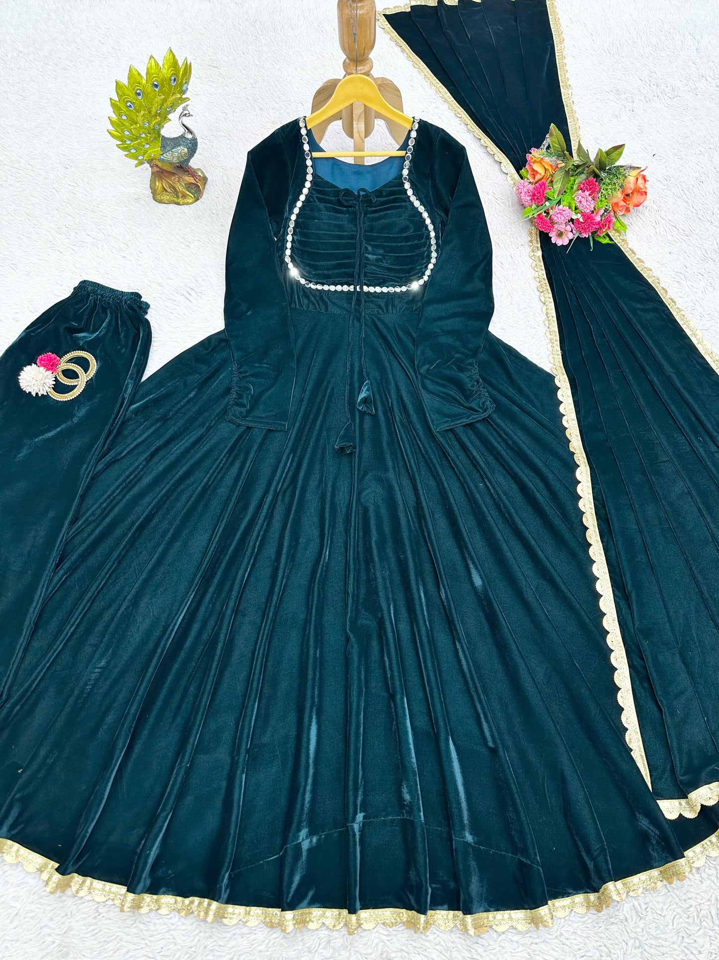 Fancy Neck Pattern Velvet Teal Blue Long Anarkali Gown