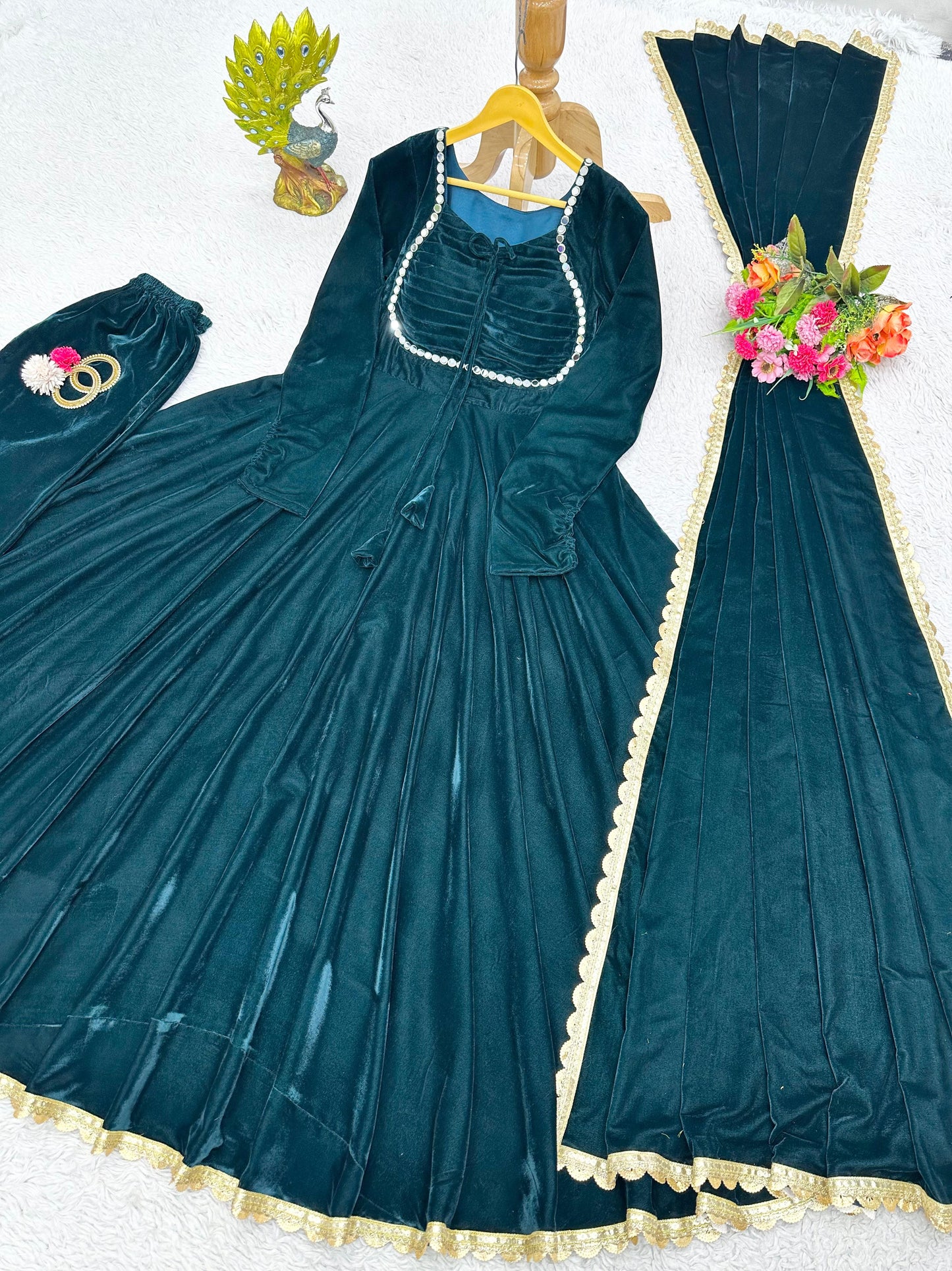 Fancy Neck Pattern Velvet Teal Blue Long Anarkali Gown