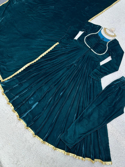 Fancy Neck Pattern Velvet Teal Blue Long Anarkali Gown