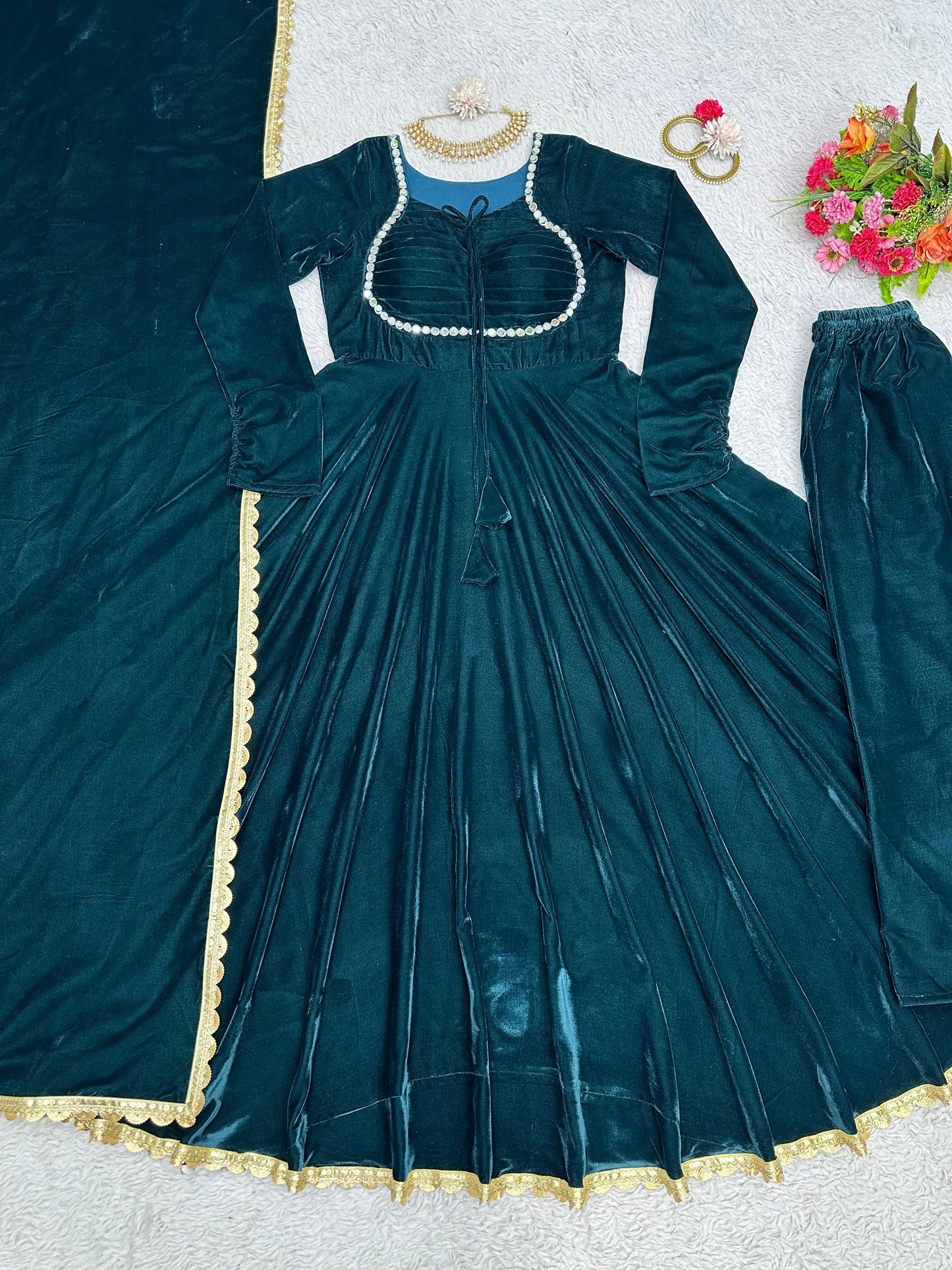 Fancy Neck Pattern Velvet Teal Blue Long Anarkali Gown