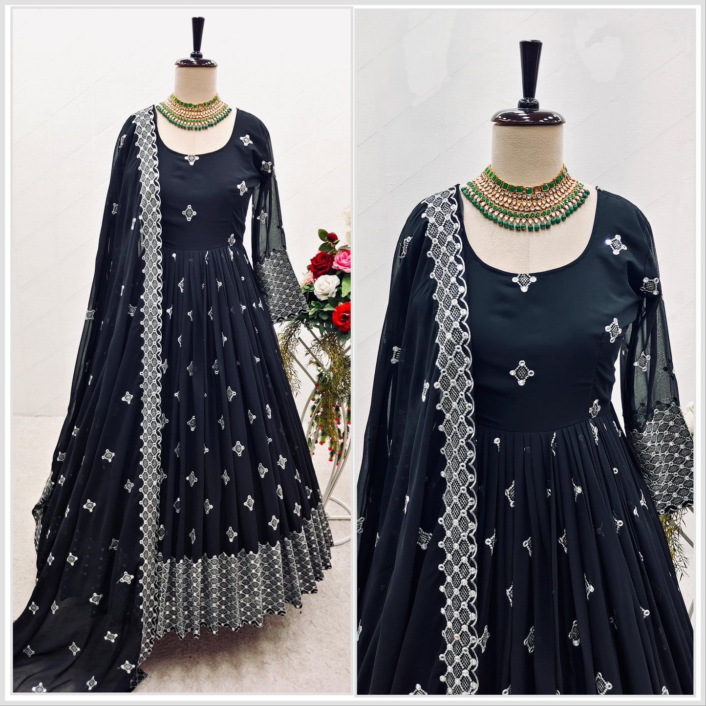 Delightful Sequence Thread Work Black Gown