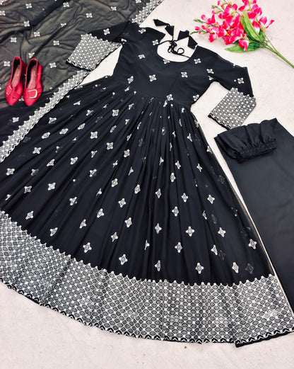 Delightful Sequence Thread Work Black Gown