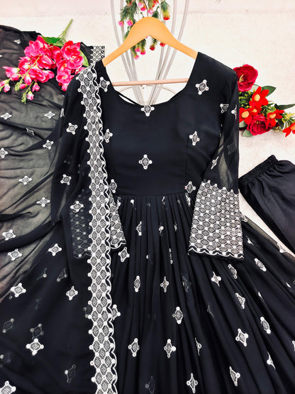 Delightful Sequence Thread Work Black Gown