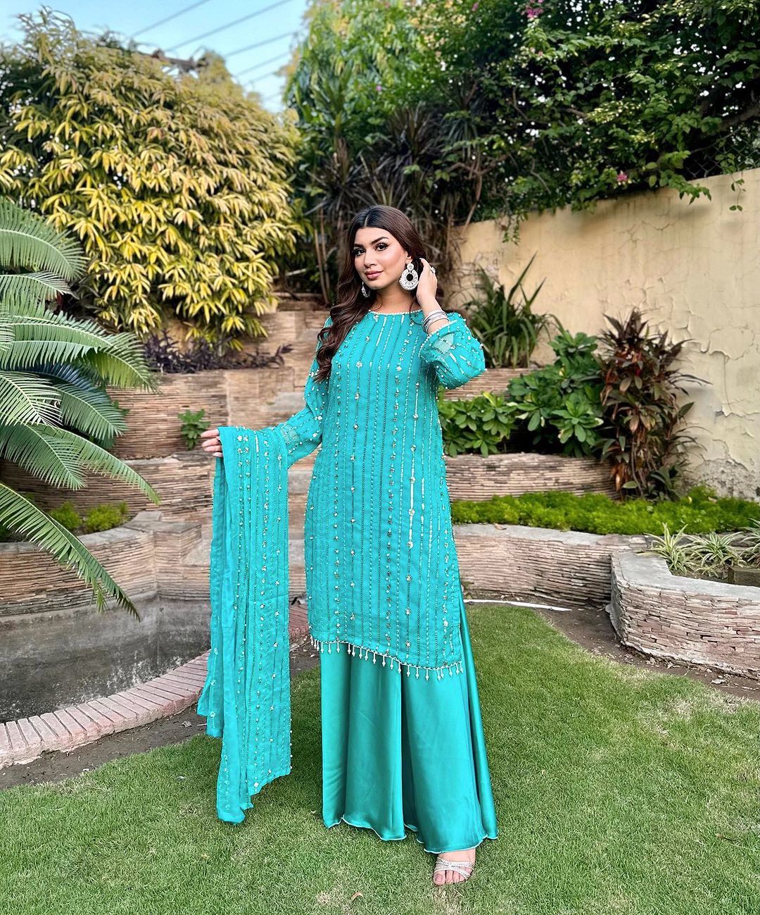 Occasion Wear Aqua Blue Color Sequence Work Sharara Suit