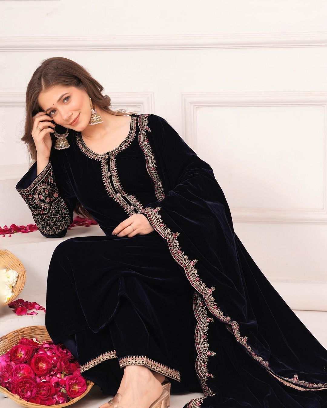 Beautiful Black Color Thread Work Velvet Salwar Suit