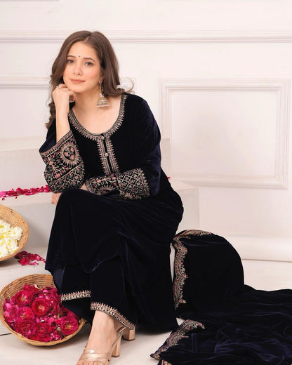 Beautiful Black Color Thread Work Velvet Salwar Suit