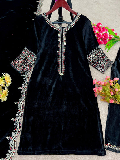 Beautiful Black Color Thread Work Velvet Salwar Suit