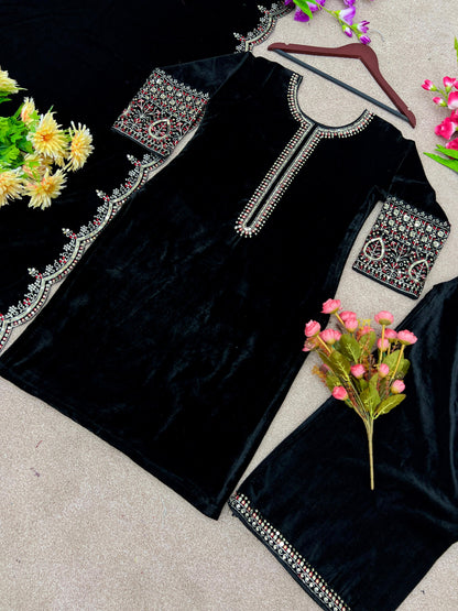 Beautiful Black Color Thread Work Velvet Salwar Suit