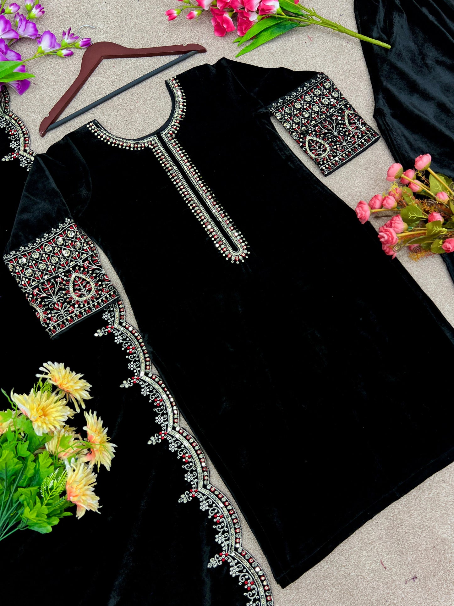 Beautiful Black Color Thread Work Velvet Salwar Suit