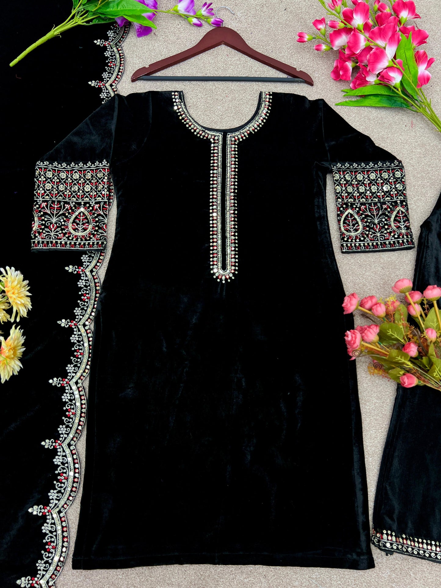 Beautiful Black Color Thread Work Velvet Salwar Suit