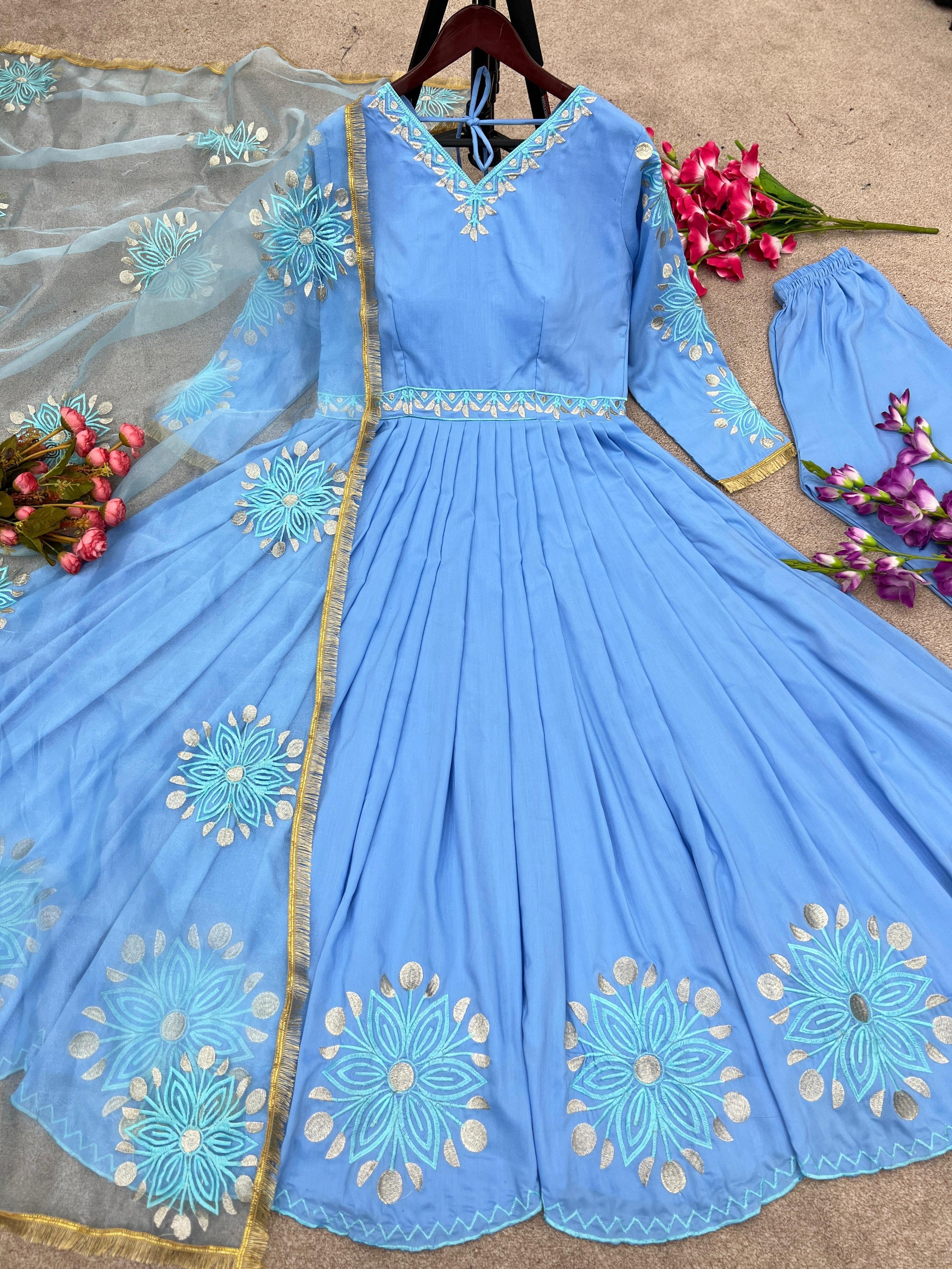 Sky Blue Schiffli Embroidered A-line Dress – M MarchLabel India