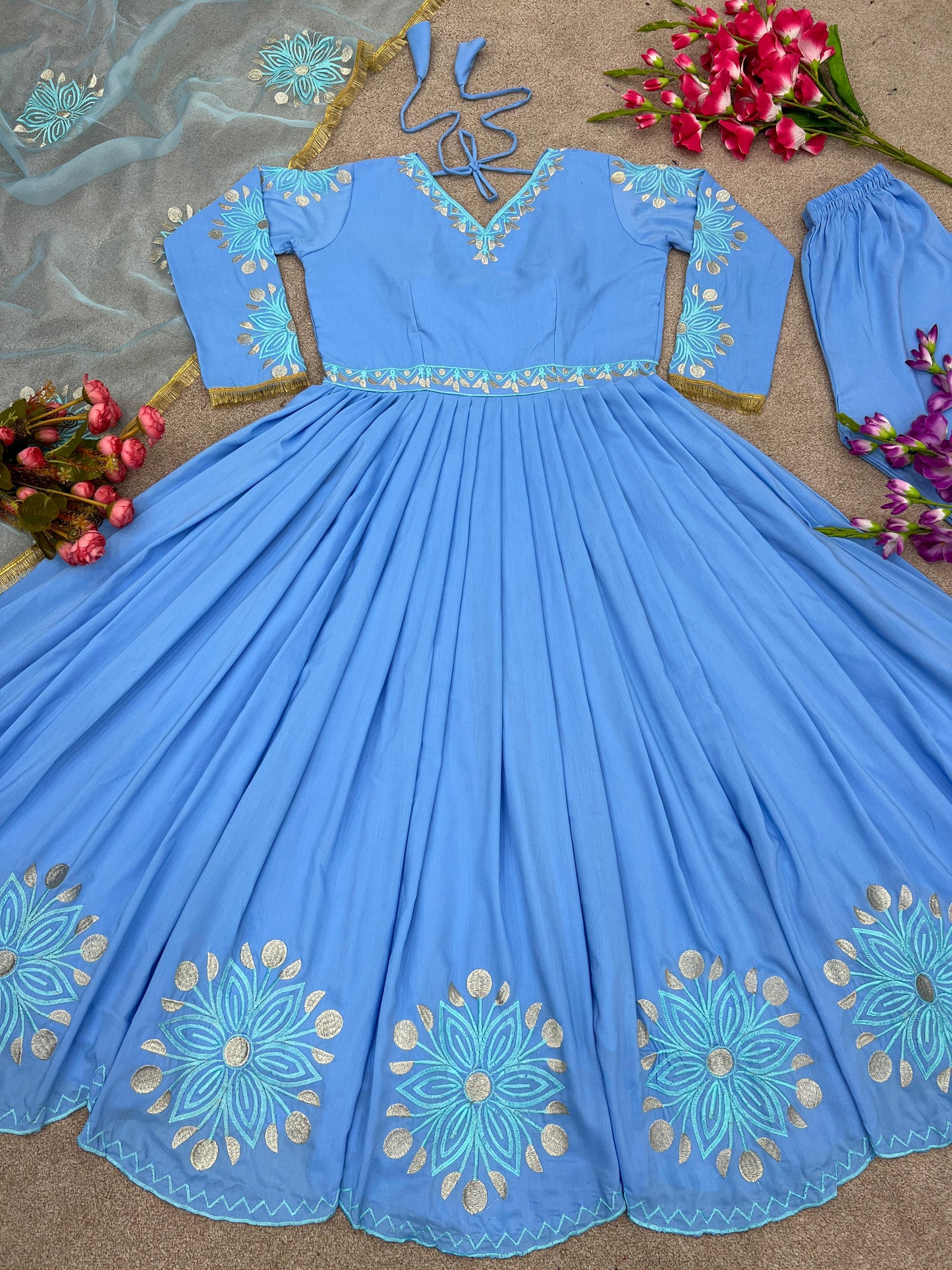 Heavy Embroidery Work Sky Blue Embellished Anarkali Suit