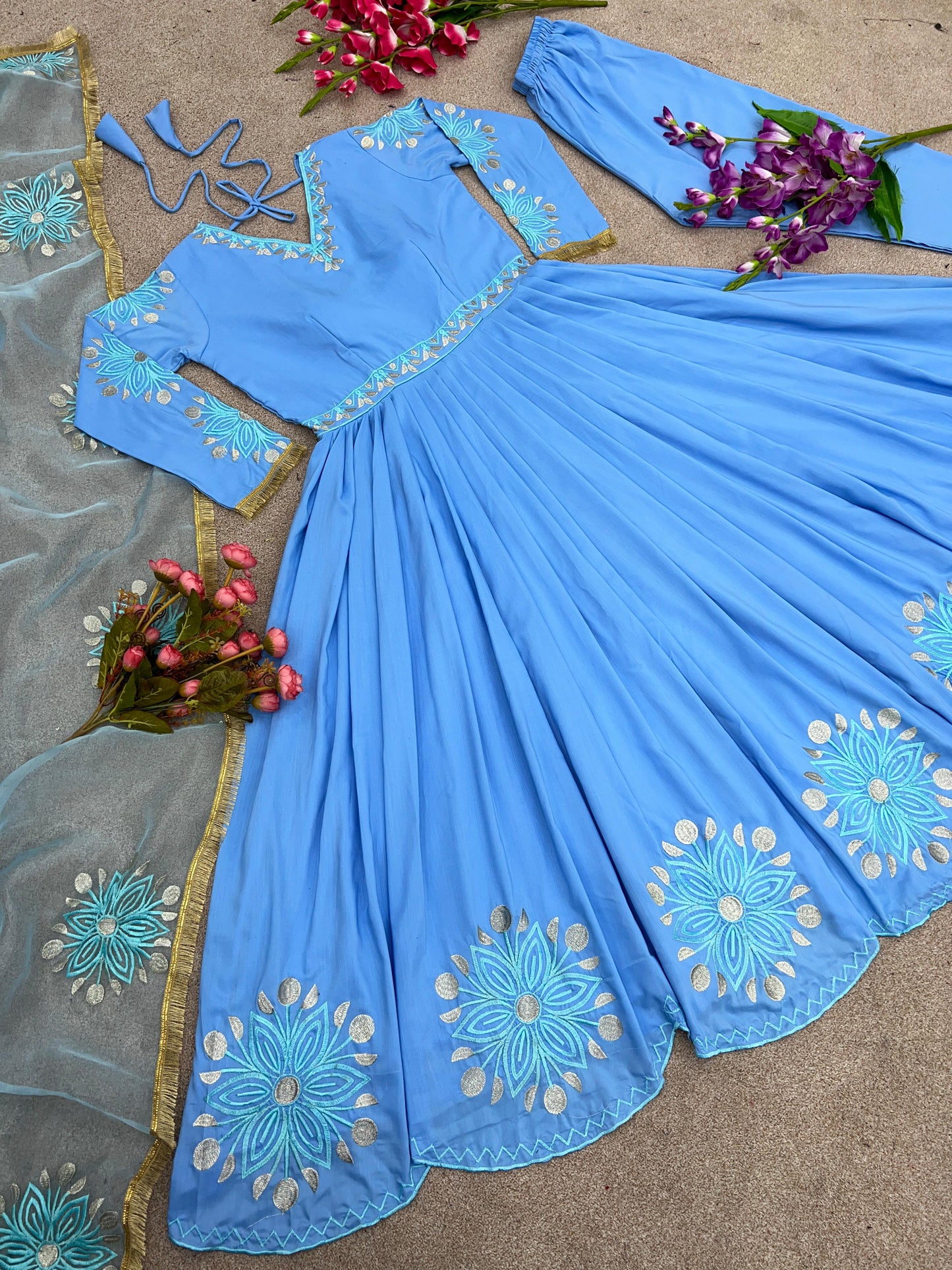 Heavy Embroidery Work Sky Blue Embellished Anarkali Suit