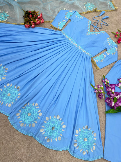 Heavy Embroidery Work Sky Blue Embellished Anarkali Suit