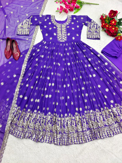 Eyes Catching Purple Color Embroidery Work Gown