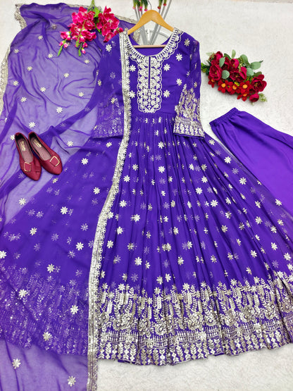 Eyes Catching Purple Color Embroidery Work Gown