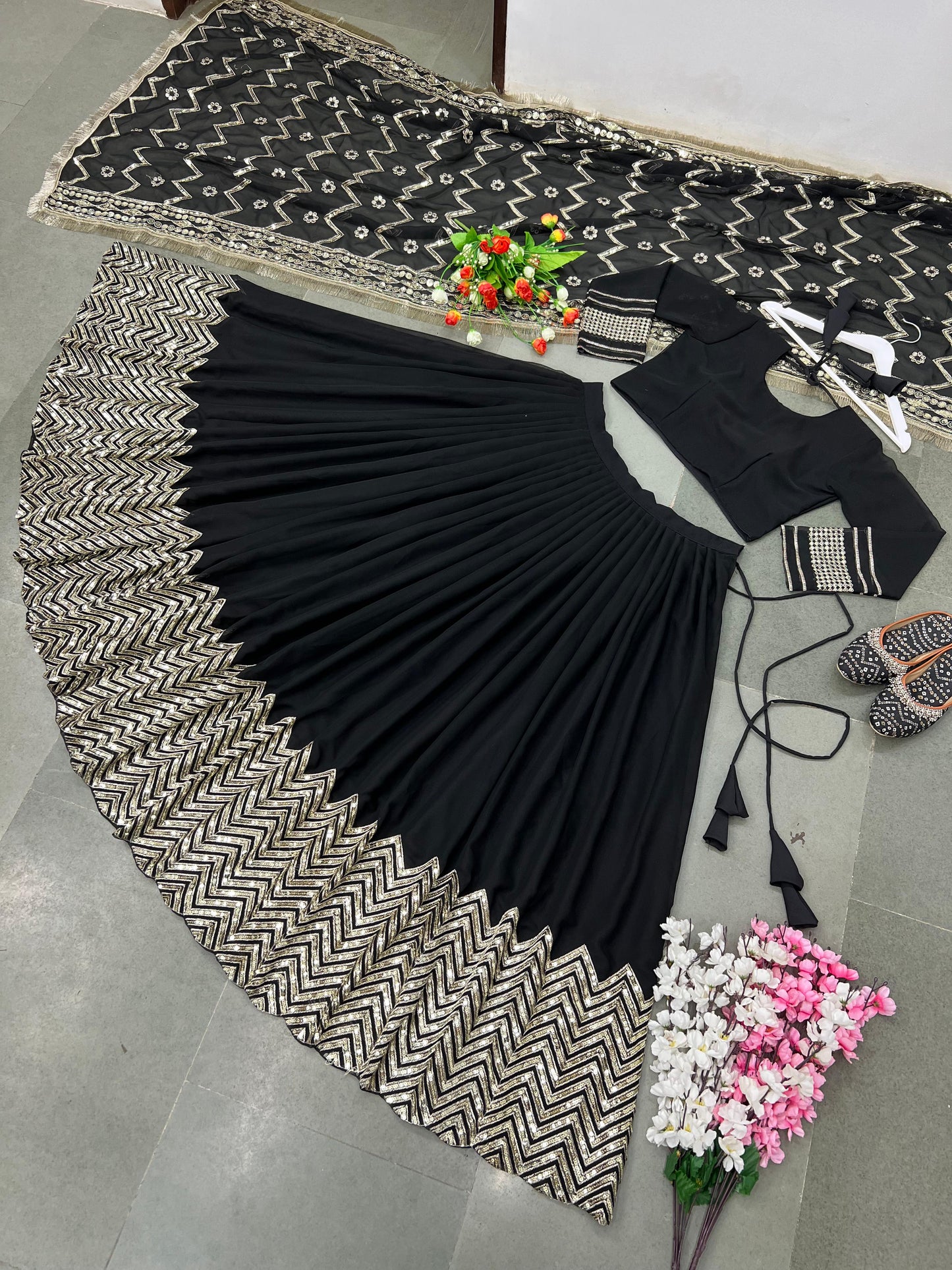 Party Wear Embroidery Sequence Work Black Lehenga Choli