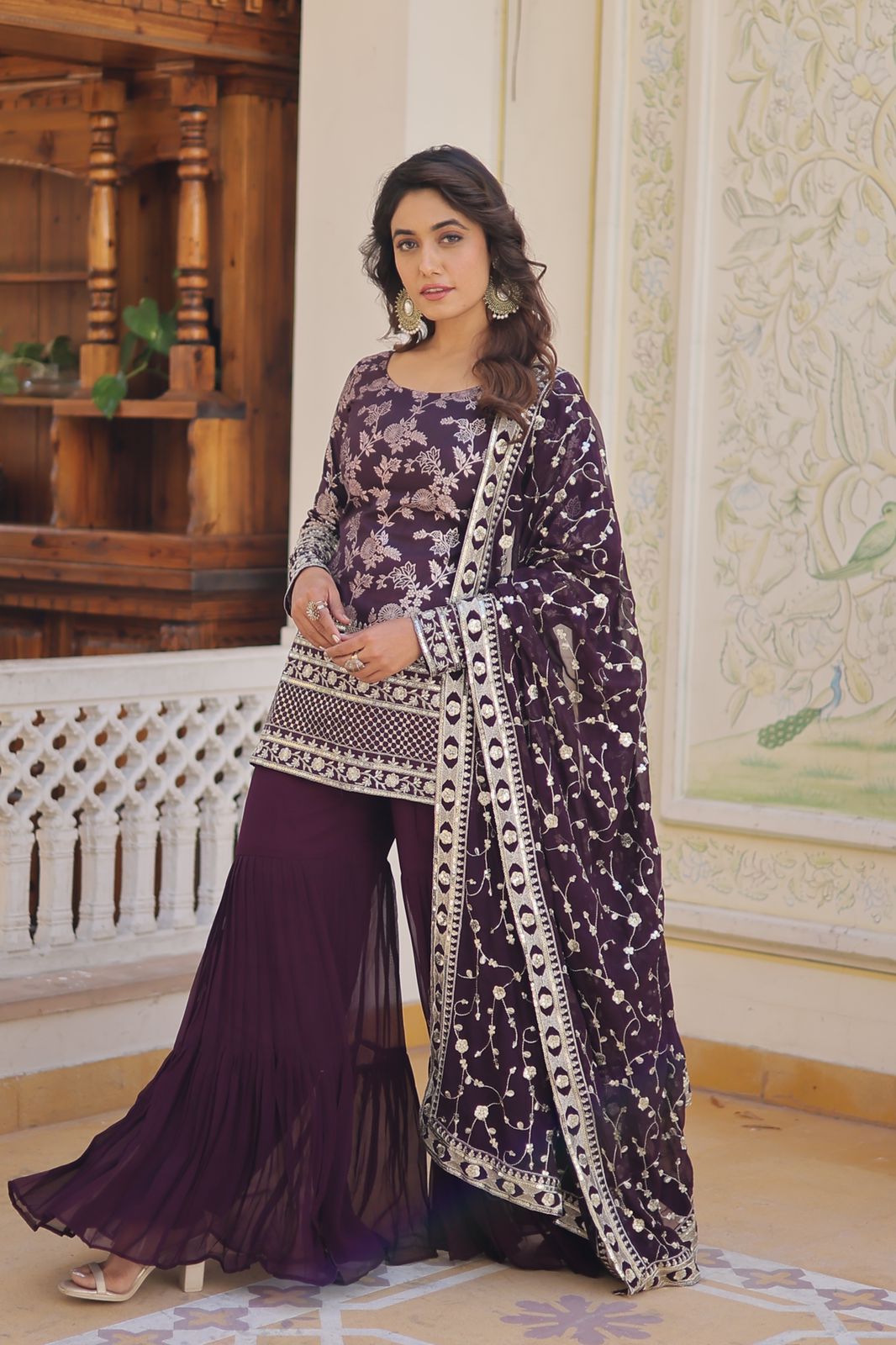 Latest Wedding Wear Wine Color Zari Embroidered Work Sharara Suit