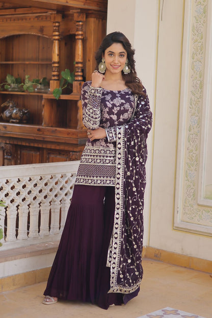 Latest Wedding Wear Wine Color Zari Embroidered Work Sharara Suit