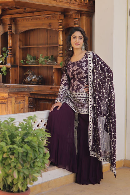 Latest Wedding Wear Wine Color Zari Embroidered Work Sharara Suit