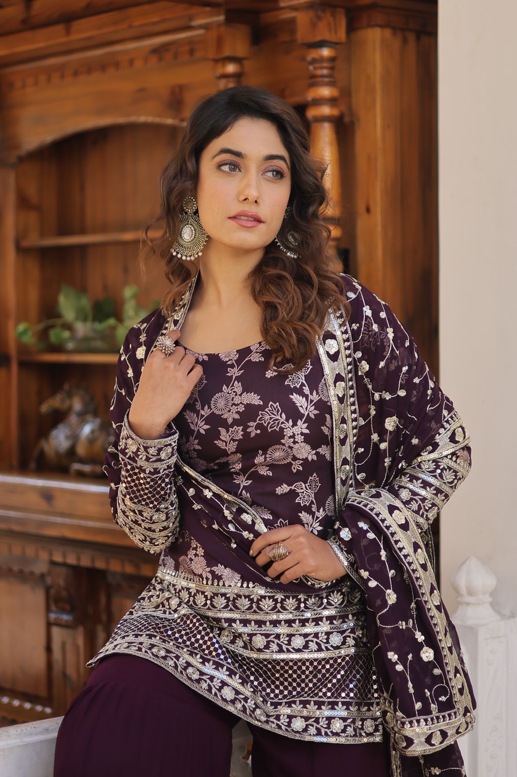 Latest Wedding Wear Wine Color Zari Embroidered Work Sharara Suit