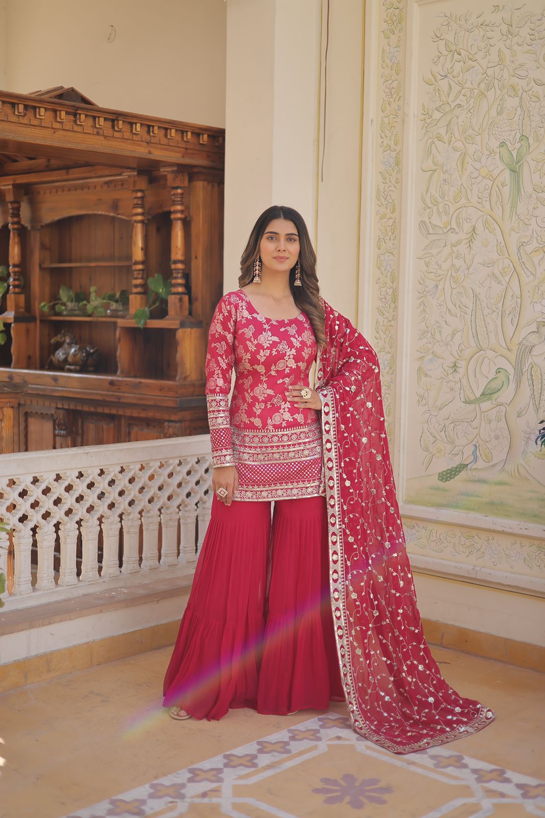 Latest Wedding Wear Pink Color Zari Embroidered Work Sharara Suit