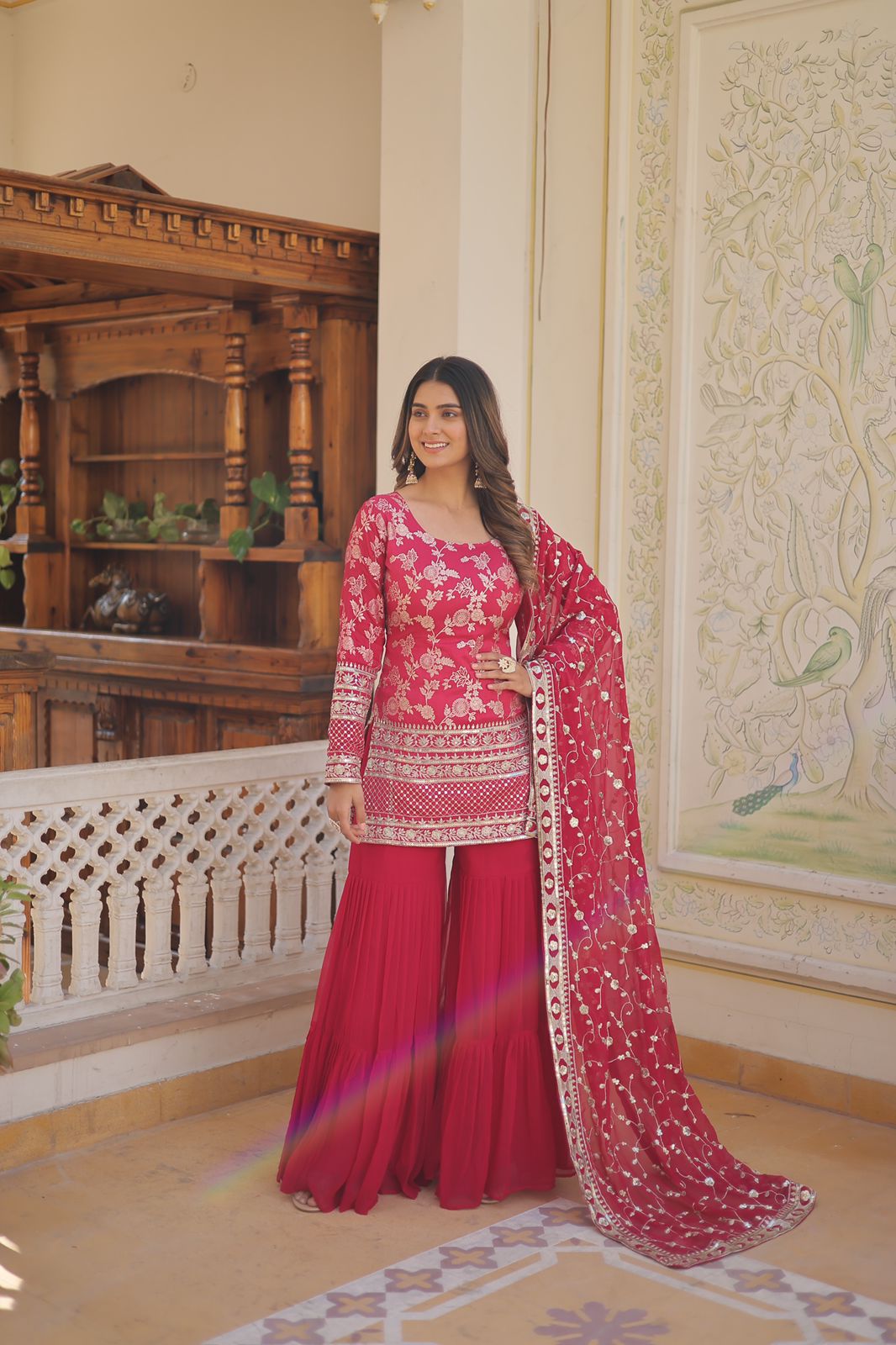 Latest Wedding Wear Pink Color Zari Embroidered Work Sharara Suit