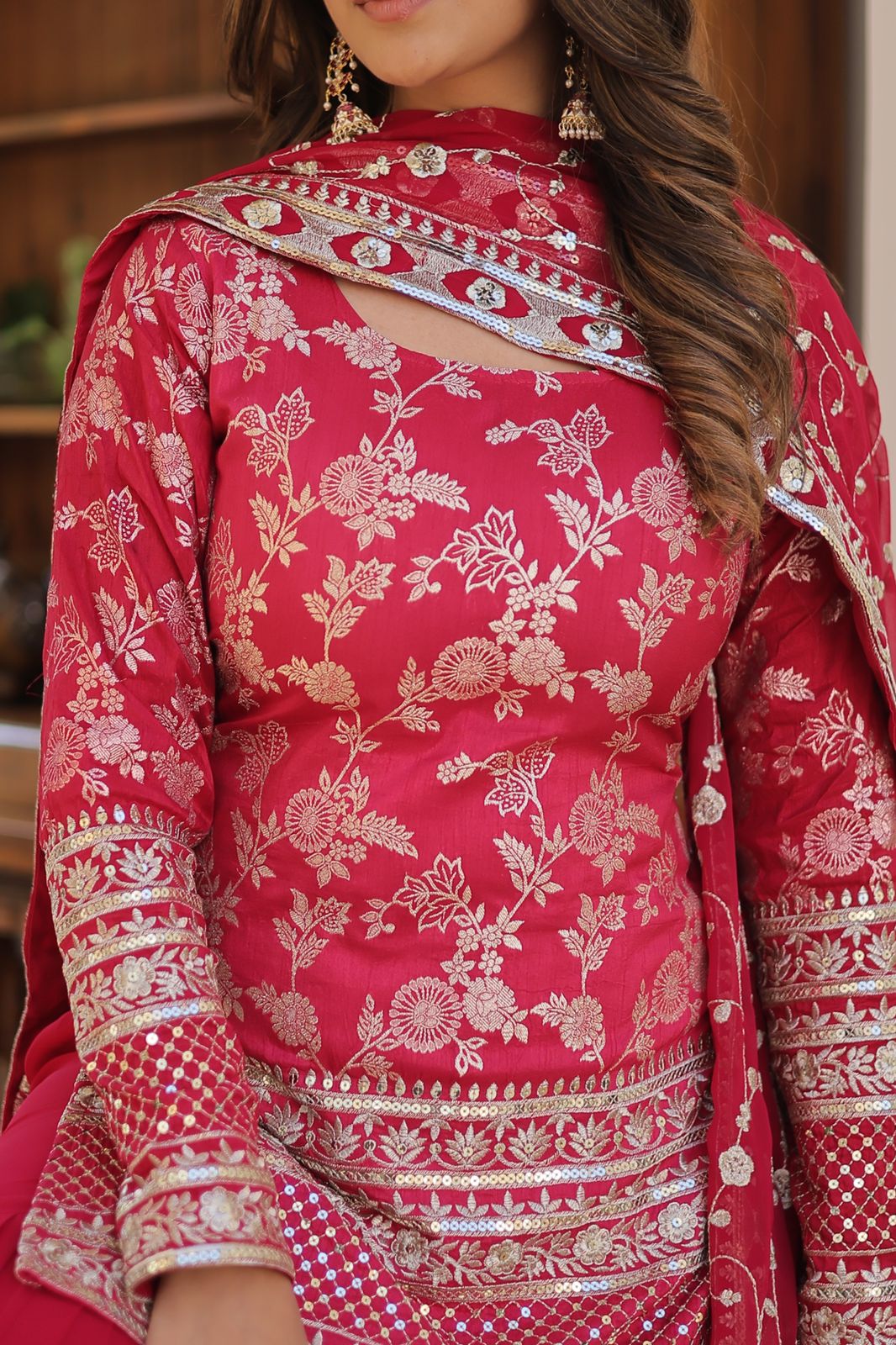 Latest Wedding Wear Pink Color Zari Embroidered Work Sharara Suit