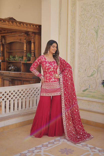 Latest Wedding Wear Pink Color Zari Embroidered Work Sharara Suit