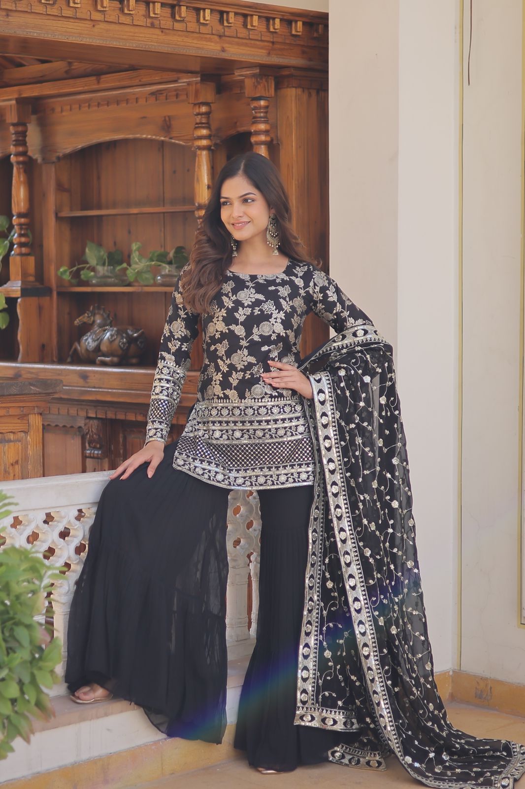 Latest Wedding Wear Black Color Zari Embroidered Work Sharara Suit