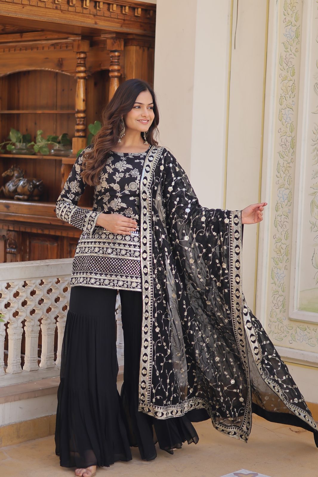 Latest Wedding Wear Black Color Zari Embroidered Work Sharara Suit