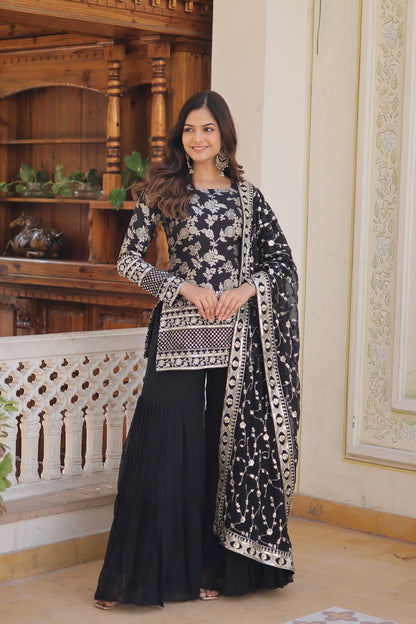 Latest Wedding Wear Black Color Zari Embroidered Work Sharara Suit