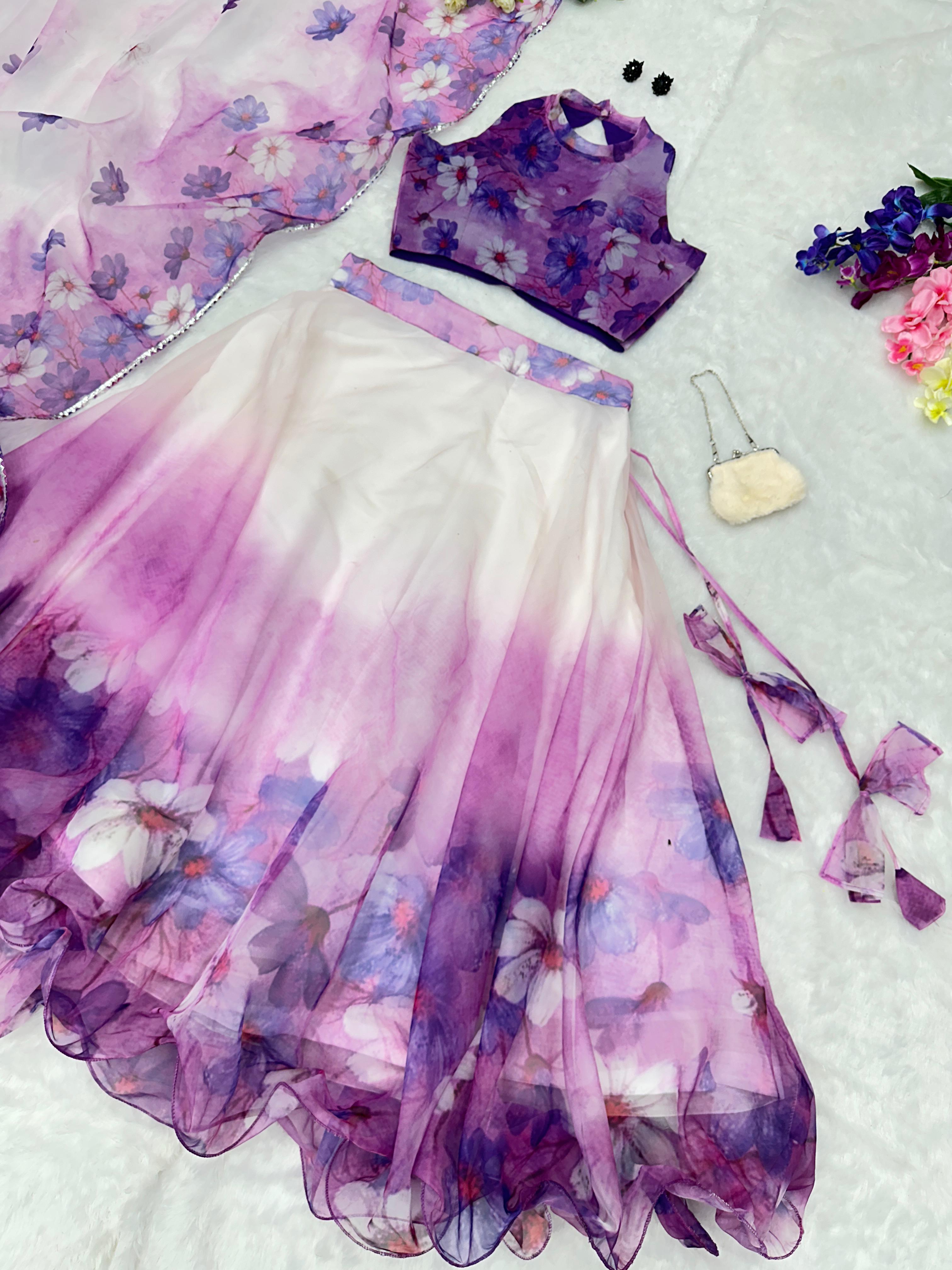 Organza Silk White With Purple Blue Color Lehenga Choli