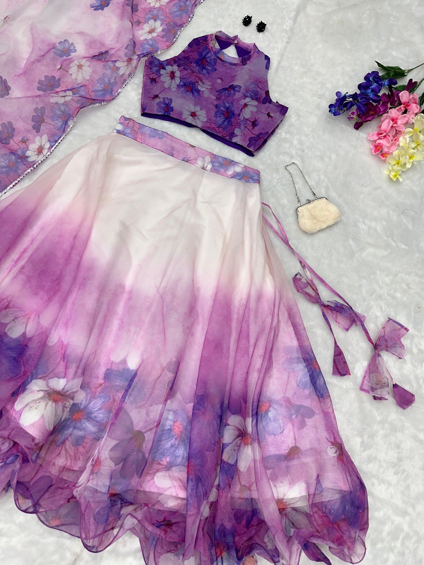 Organza Silk White With Purple Blue Color Lehenga Choli