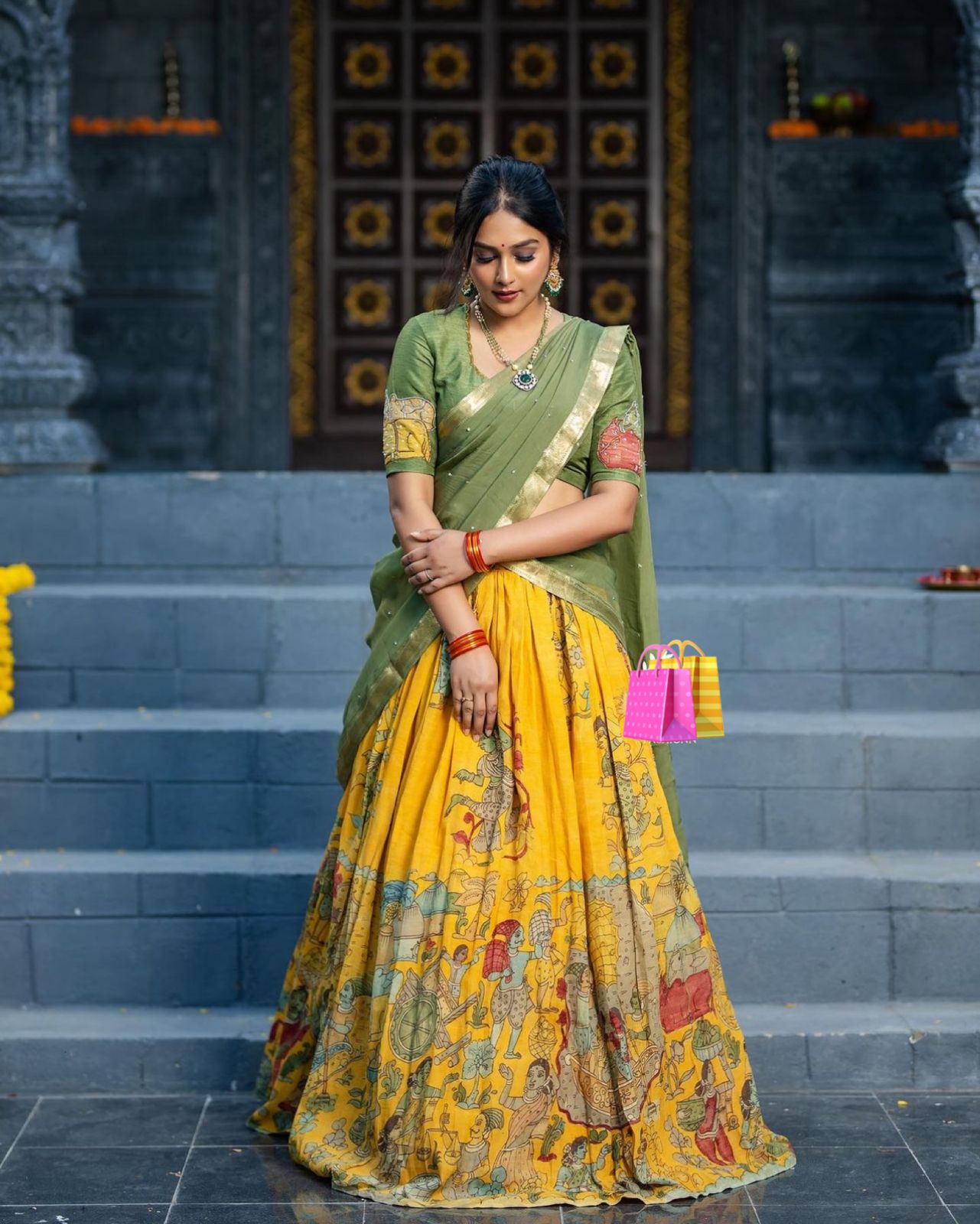 Wonderful Printed Mehndi Blouse With Yellow Lehenga