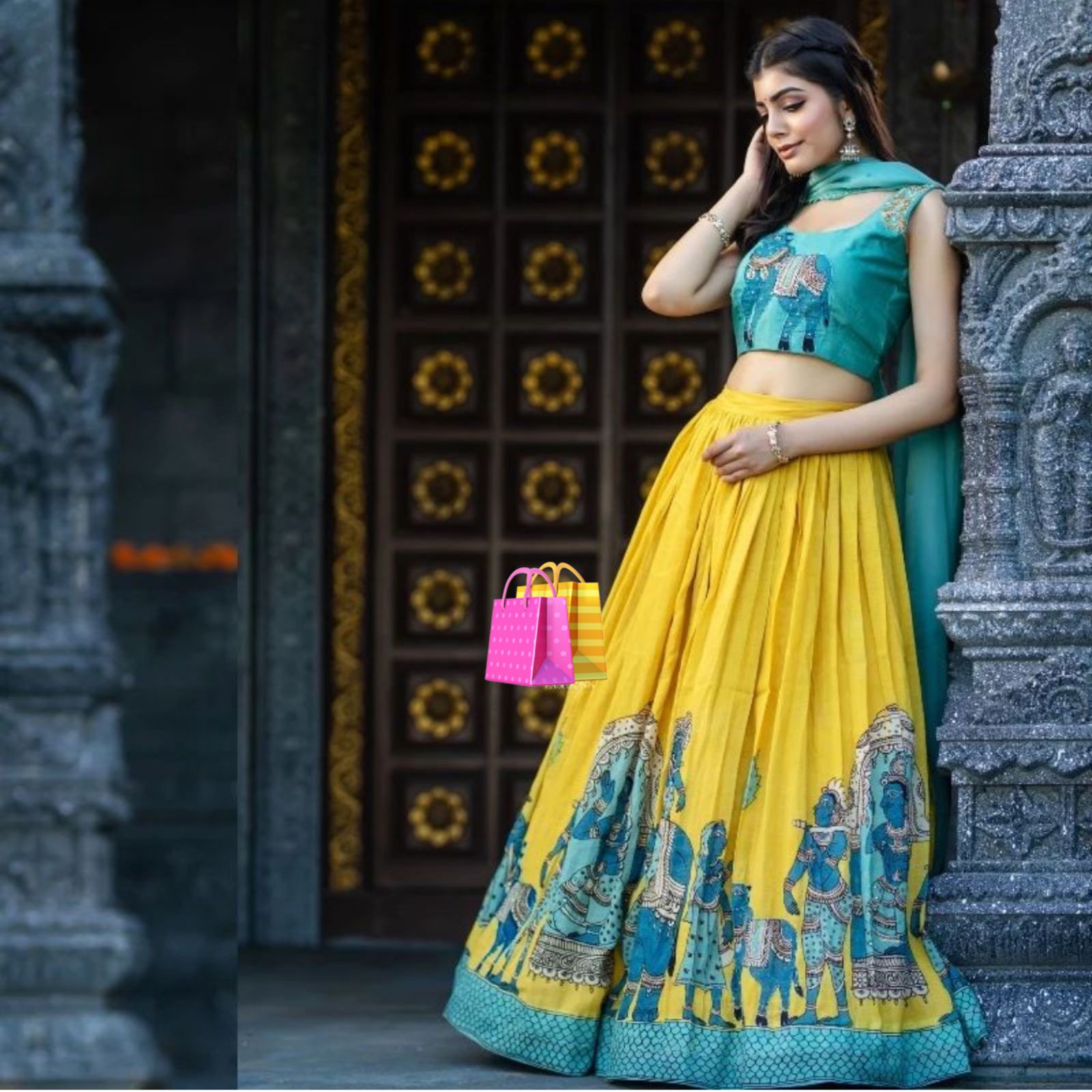 Wonderful Printed Sky Blue Blouse With Yellow Lehenga