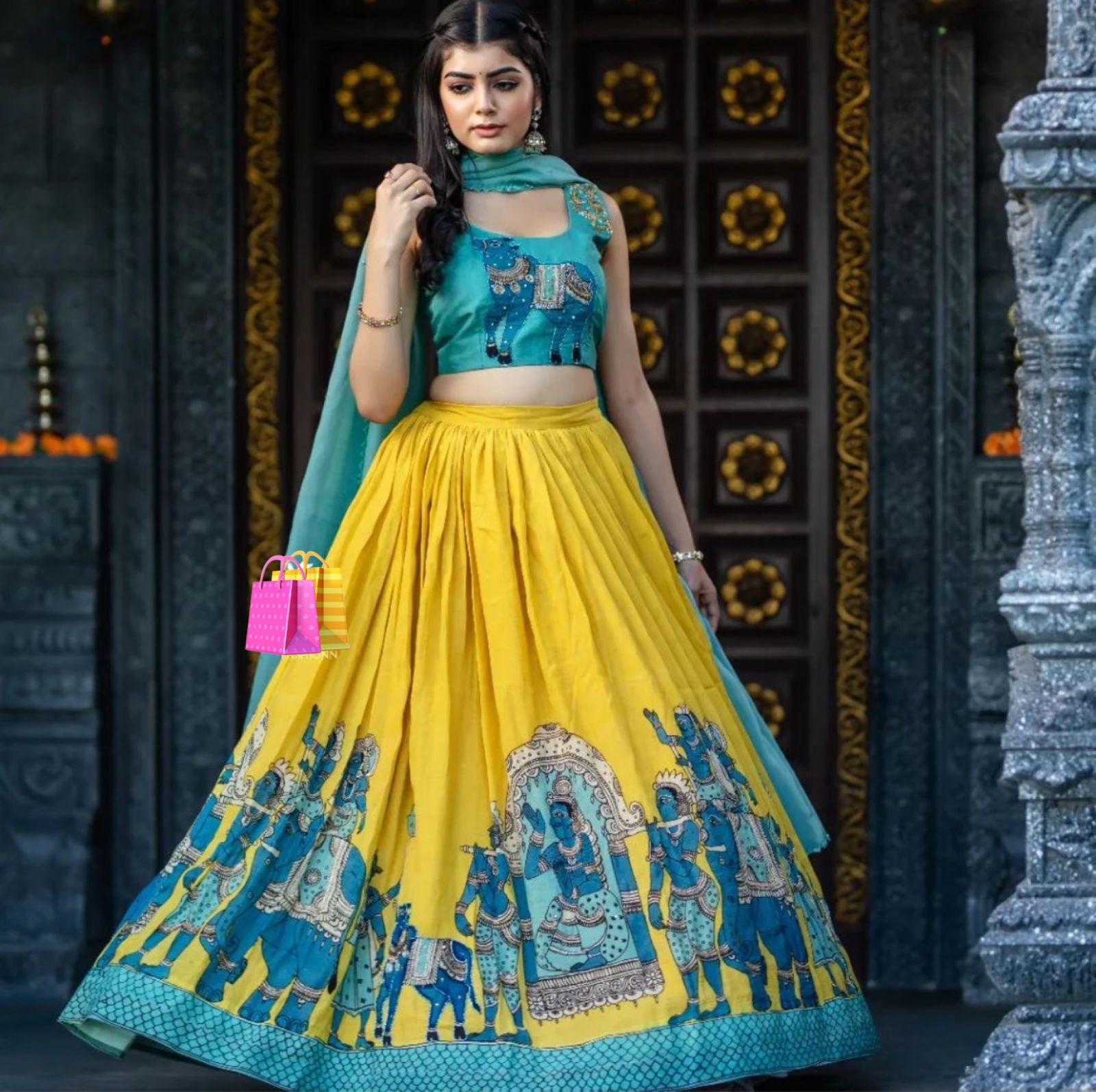 Wonderful Printed Sky Blue Blouse With Yellow Lehenga