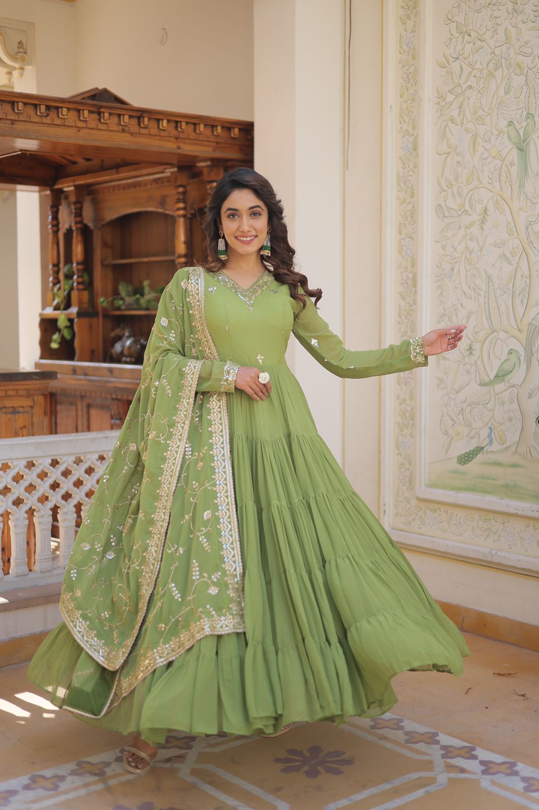 Ruffle Flair Embroidered Work Parrot Green Gown With Dupatta