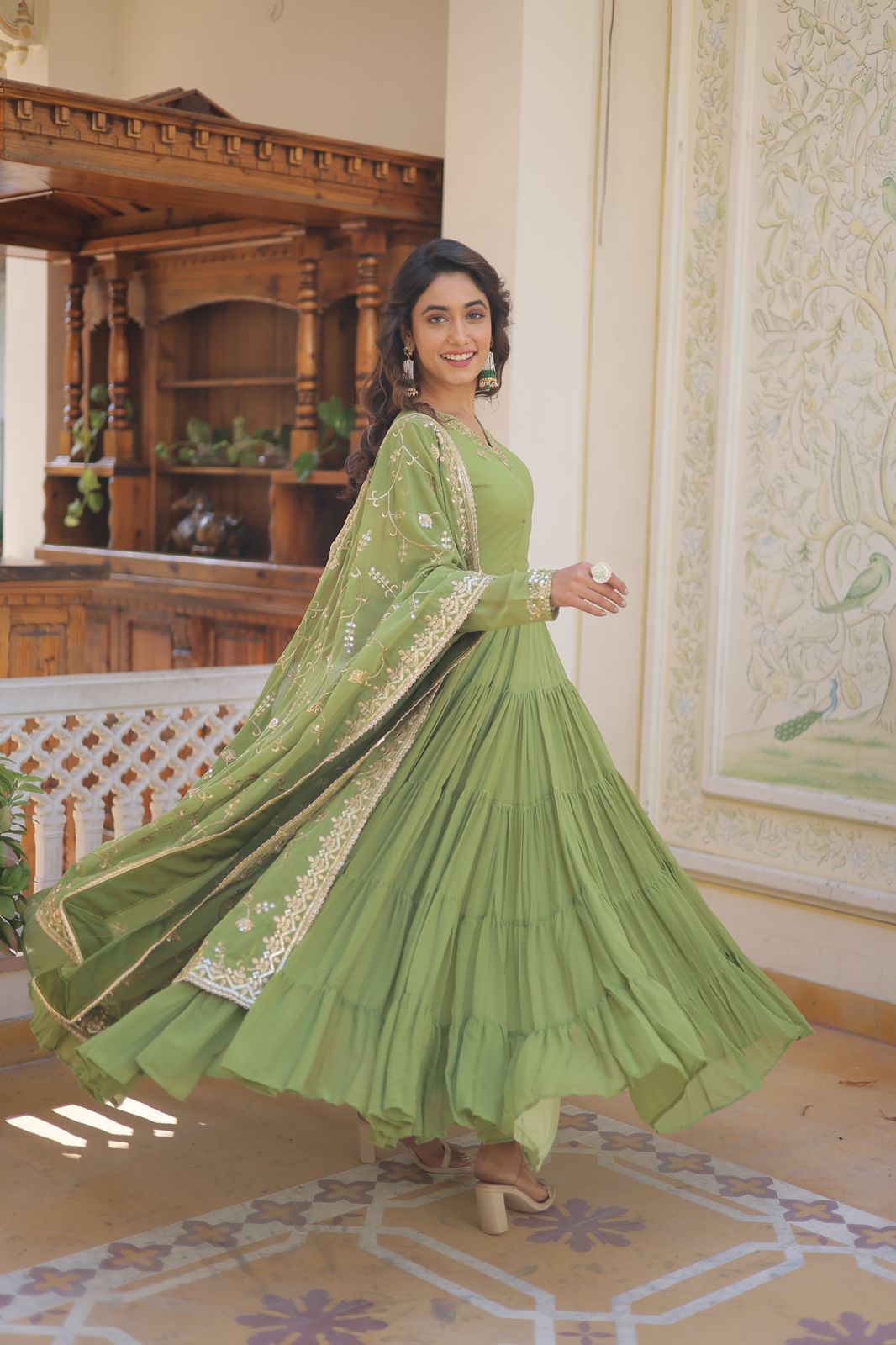 Ruffle Flair Embroidered Work Parrot Green Gown With Dupatta