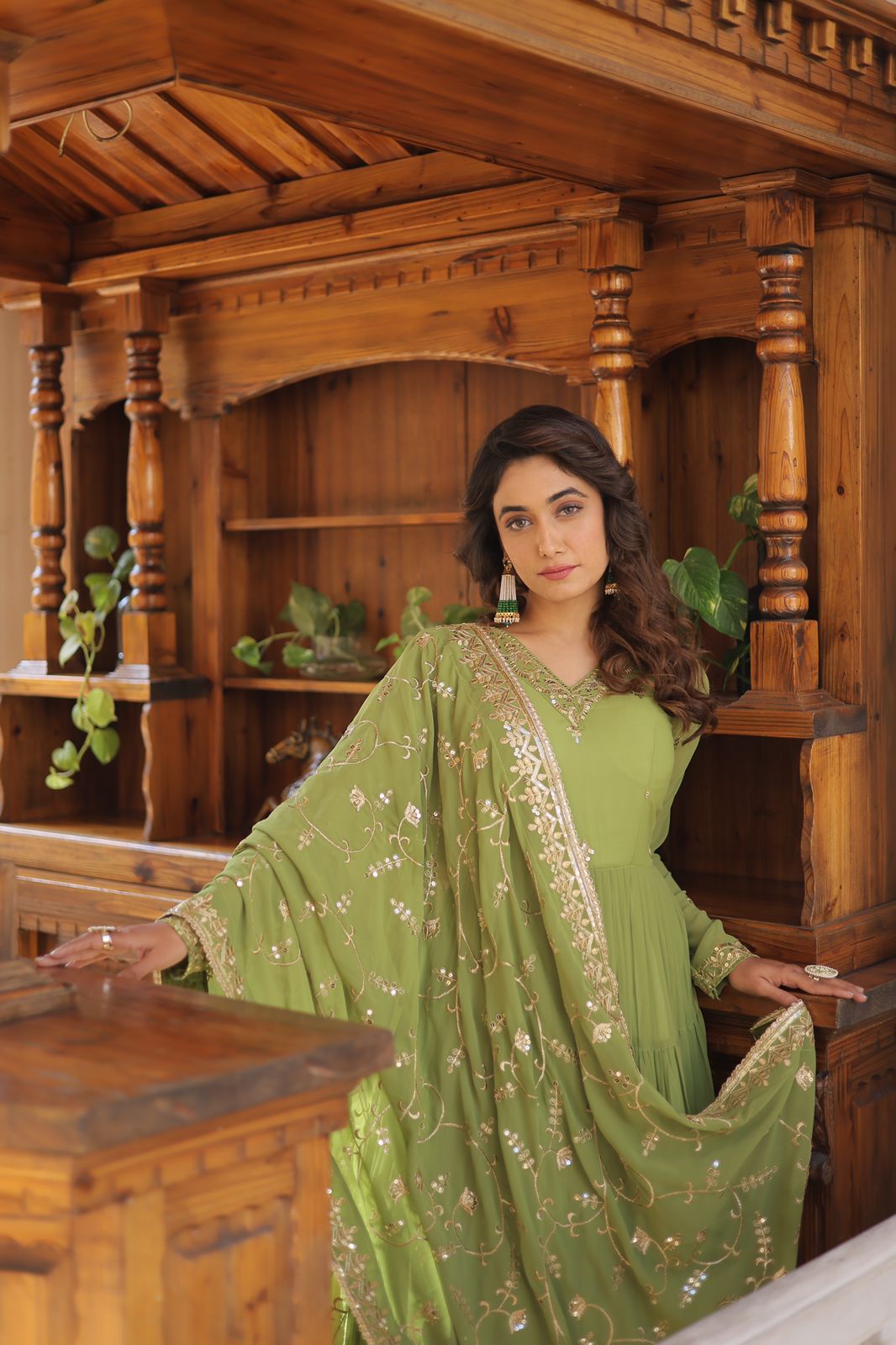 Ruffle Flair Embroidered Work Parrot Green Gown With Dupatta