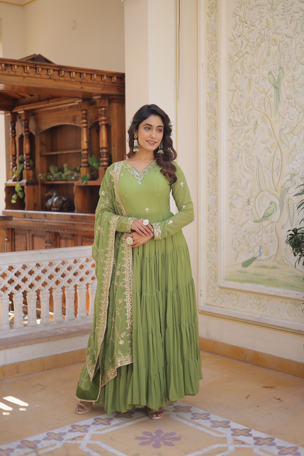 Ruffle Flair Embroidered Work Parrot Green Gown With Dupatta