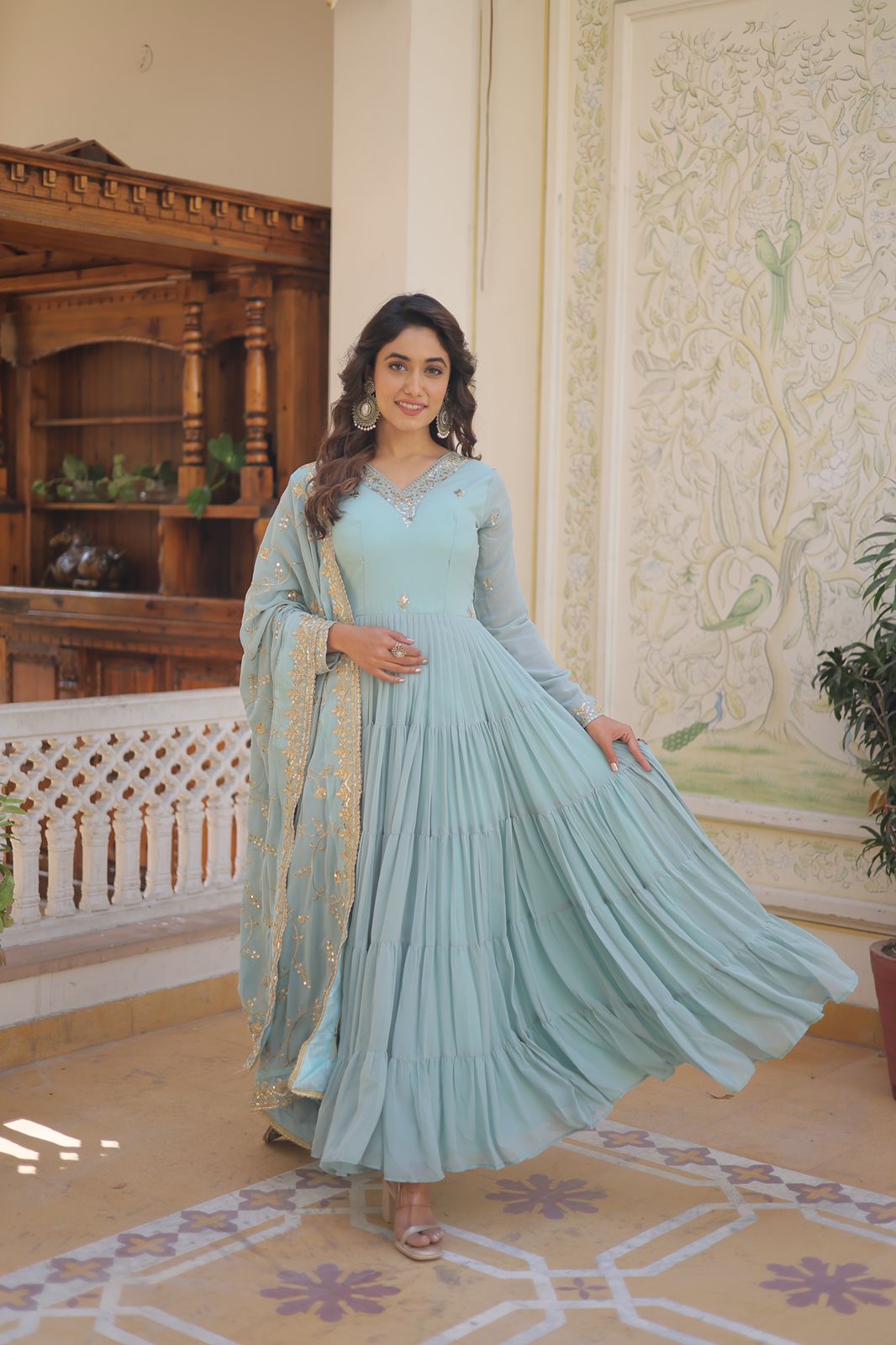 Ruffle Flair Embroidered Work Sky Blue Gown With Dupatta