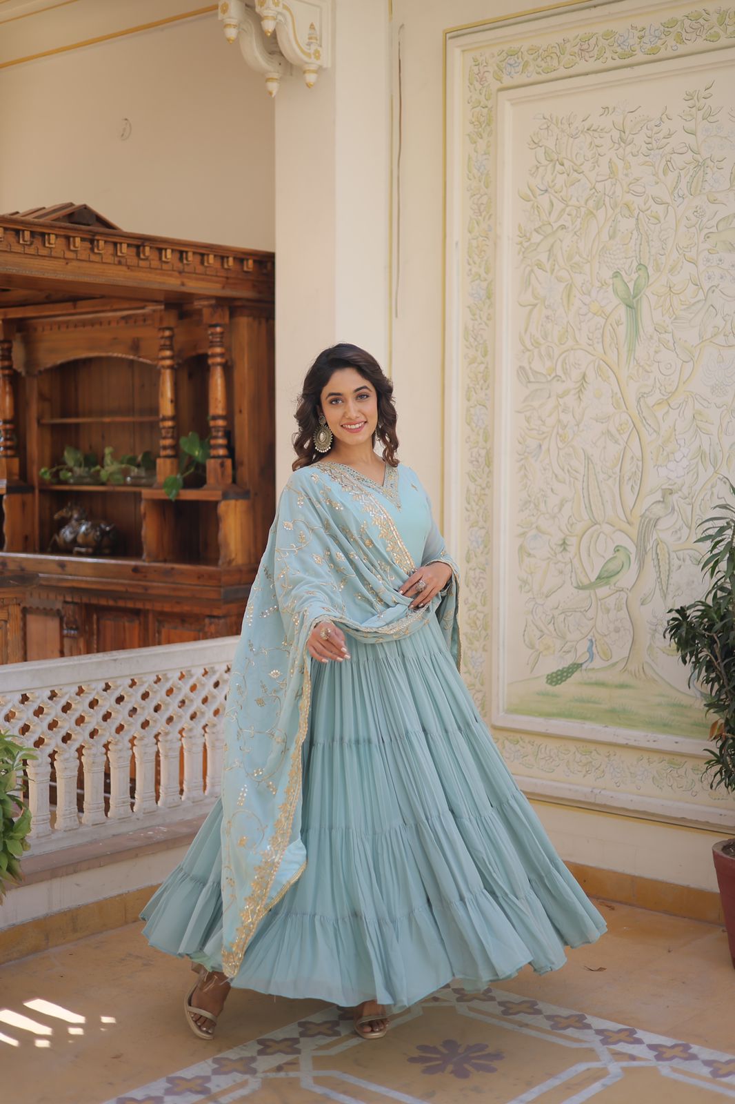 Ruffle Flair Embroidered Work Sky Blue Gown With Dupatta