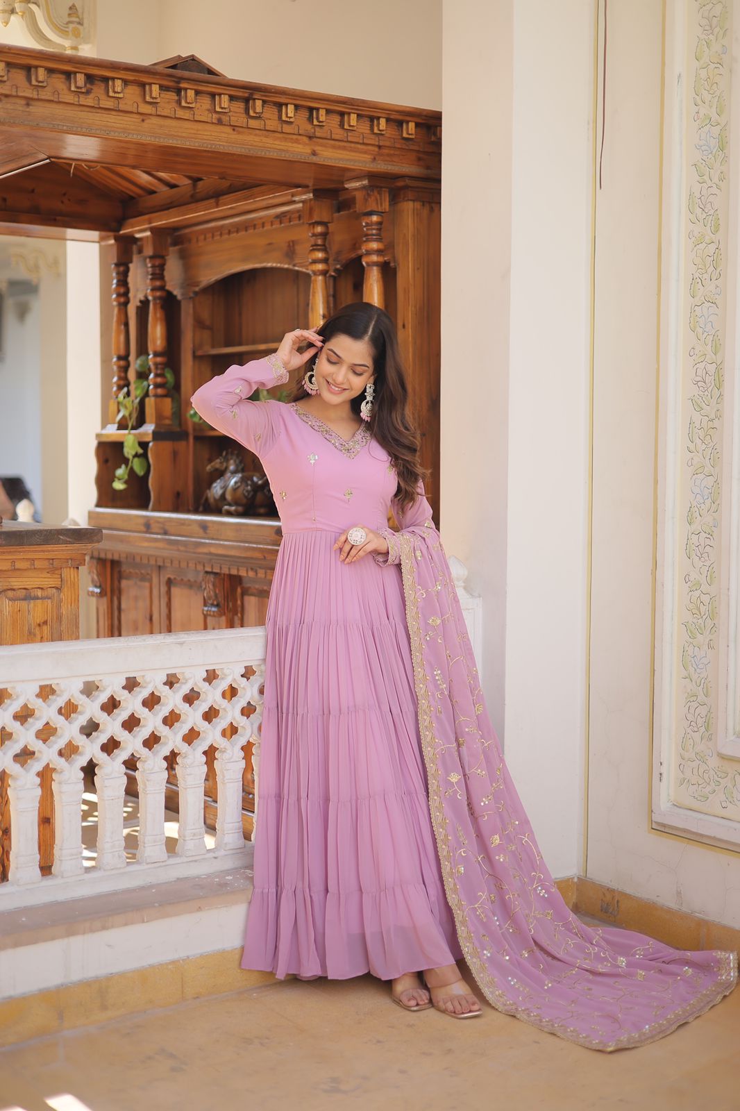 Ruffle Flair Embroidered Work Lavender Gown With Dupatta