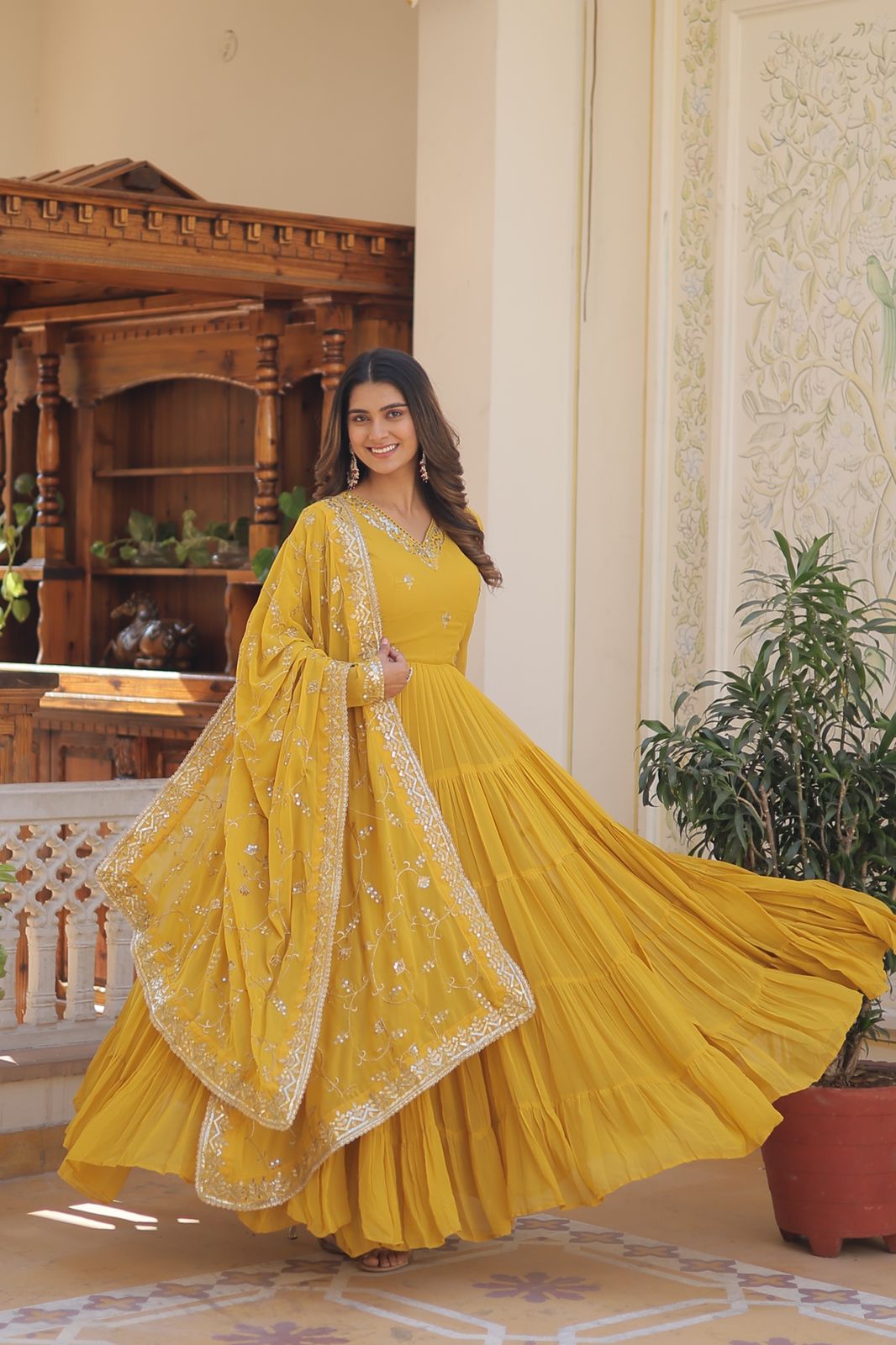 Ruffle Flair Embroidered Work Yellow Gown With Dupatta