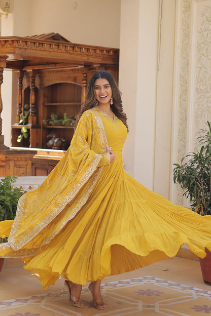 Ruffle Flair Embroidered Work Yellow Gown With Dupatta