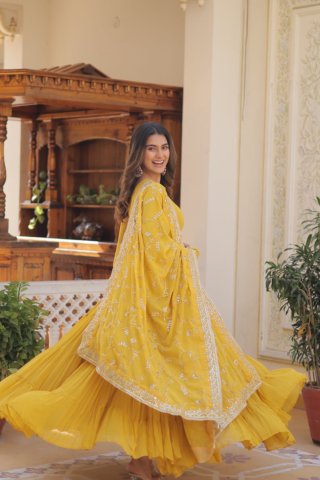 Ruffle Flair Embroidered Work Yellow Gown With Dupatta