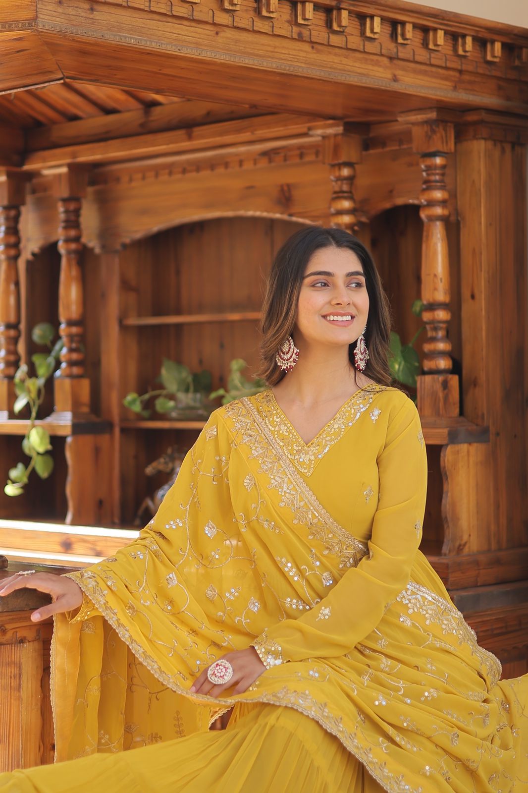 Ruffle Flair Embroidered Work Yellow Gown With Dupatta